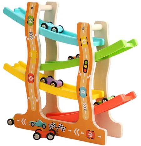 Wooden Car Ramp, Race Track Toy, Car Slide Toy, Wooden Car Playset, ZigZag Ramp, Engaging Wooden Car Ramp Design Complete Set With Accessories With 6 Car for 1 2 3 Year Old Boy