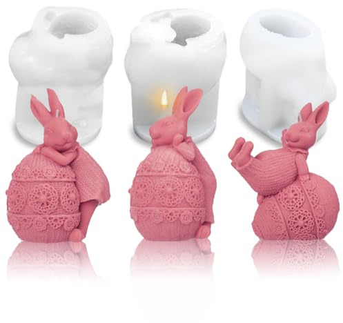 Tadpolez 3 Pezzi Stampi in Silicone per Coniglio Pasquale,Stampi in Silicone per Candele Pasqua,Stampi In Silicone 3d Per Coniglio,Stampo per Coniglietto in Silicone,per la Creazione di Candele,Dolci