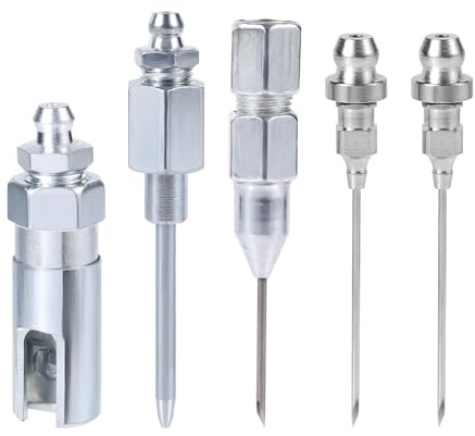 XIHIRCD 5pcs Grease Gun Needle Tip Kit, Grease Needle Dispenser Hardened Steel Grease Injector Needle Nozzle Grease Fitting Tool Grease Coupler Adapter, Used in Narrow Spaces and Deep Holes Metal