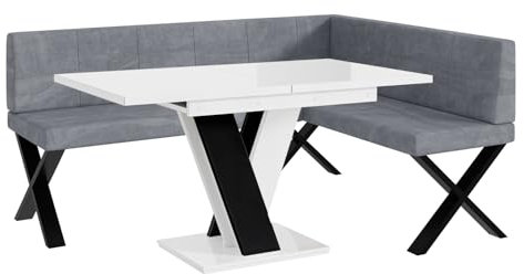 MEBLINI Eckbank für Esszimmer mit ausziehbarem Tisch - Küchenbank - Essecke - Sitzecke Küche - Peter - X-Beine 128x168x87cm Rechts - Grau Samt/M Weiß-Schwarz Hochgl.