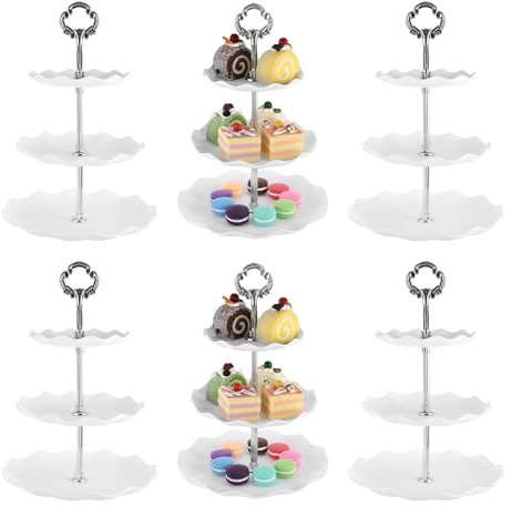 AHAQU 6PCS 3 Tier Cupcake Stand, Plastic Cake Stands for Afternoon Tea, Round Fruit Dessert Stand Display for Birthday, Party, Anniversary, Baby Showers, Wedding- Silver