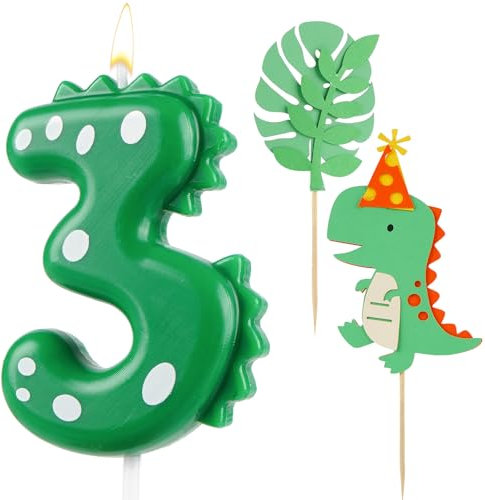 AIBAOBAO Geburtstagskerzen Zahlen 3, Kerzen Geburtstag Dinosaurier, mit 2 x Dino Tortendeko, Geburtstagskerze, Kerze Geburtstag, Kerze 3, Grün Zahlenkerzen für Torte Kinder 3 Jahre Junge Mädchen