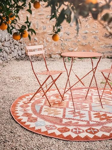 RugVista Saga Kilim In & Outdoor-Teppich, Rund, Ø 200 cm, Beige / Multi | Kelim, Kelim Modern, Mittlerer Stapel, Nur Handwäsche, Oeko-Tex 100, UV-beständig, Patio