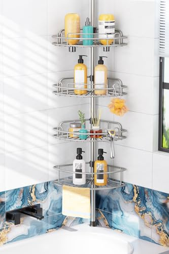 HAMITOR Shower Caddy Tension Pole: 4-Tier Rustproof Bathroom Corner Shelf Organizer for Renter - No Drill Large Shampoo Storage Rack - Adjustable 47-121 - Space Saving Bathtub Accessory - Silver Gray