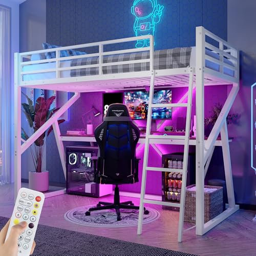 HOXINBLY Letto a Soppalco 90x200 cm con LED, Letto Singolo con Scrivania, Letto Bambini con Scala e ringhiera, Bianco (Senza Materasso)