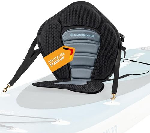 Naturbummler SUP Sitz zum Nachrüsten [Extra Comfort] gepolsterter Sitz (30×36 cm) für Stand Up Paddle Board – mit Rückenlehne (51×44 cm), Gurtsystem & Karabiner – für SUP Touren & Freizeit (Schwarz)