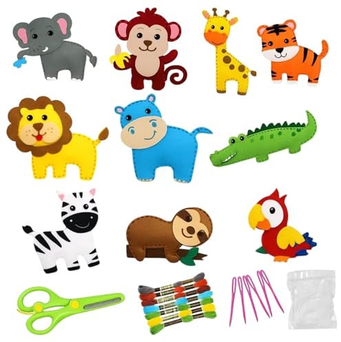 DvBCNMe Nähset Kinder, 10 Stück Waldtier Nähspass, Stickset Kinder ab 6 Jahre, Animals Sewing Kit, Bastelset für Mädchen und Jungen