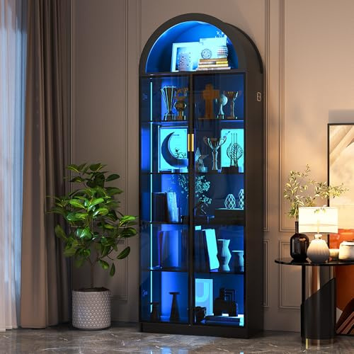 FREDEES Arch Display Cabinet with Doors and Adjustable Shelves, 76 Tall Curio Cabinet with LED Lights/Storage Space, 6 Tier Display Case Bookcase for Collectibles Bedroom Living Room Office, Black