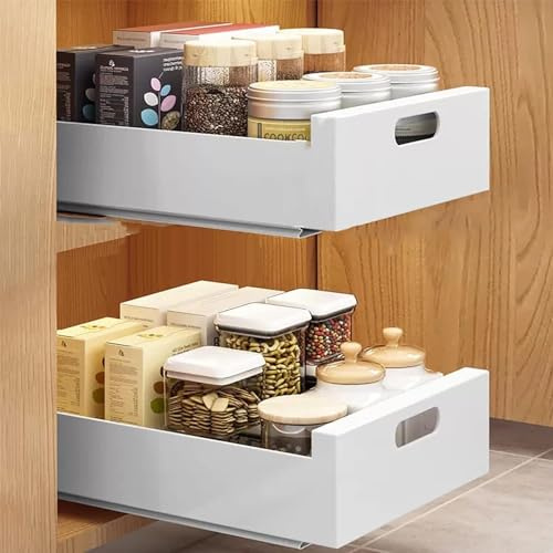 GLETSF Pull Out Cabinet Organizer, 2 Tier Under Sink Pull Out Storage Rack Slide Out Drawer Storage Rack For Kitchen Living Room-White-35x43x9cm