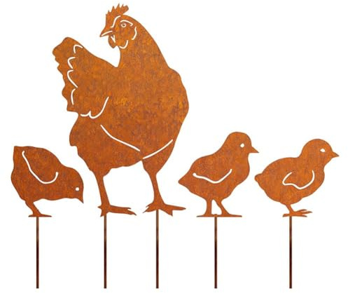 MoSundi Rusty Chicken Gartenpfahl-Set, 4 Stück, Eisen-Rasendekorationen mit Bronze-Finish für den Innenhof, Blumentopf, Gras, Bodendekoration, 4 Hühner