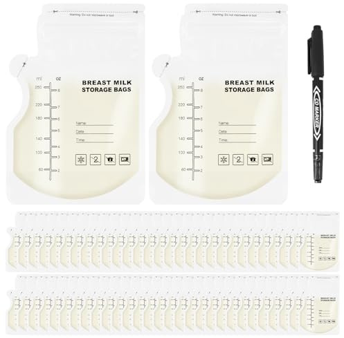 BORISCA 60 bolsas de leche materna de 250 ml, bolsas de almacenamiento de leche materna con 1 rotulador negro, bolsas de almacenamiento para leche materna, bolsas de leche materna, bolsas para