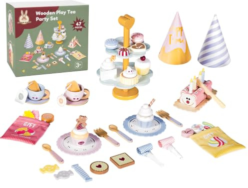 Wooden Tea Set for Toddlers，Afternoon Tea Party Set with Wooden Play Food Cupcake Stand Kitchen Accessories Role Play Toys Educational Toys Montessori Birthday Gifts for 3+ Years Old Girls Kids