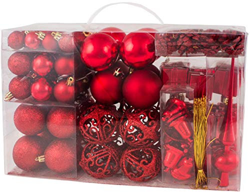 BRUBAKER 101-teiliges Set Weihnachtskugeln mit Baumspitze Rot Christbaumschmuck