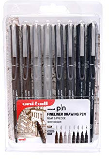 uni-ball PIN 153544971 8-teiliger feiner Liner Zeichnung Stif, wasserbeständig und lichtbeständig, Federgrößen Sepia: 0,1, 0,5, Hellgrau: 0,1, 0,5 Dunkelgrau: 0,1, 0,5 Schwarz: 0,03, Pinsel