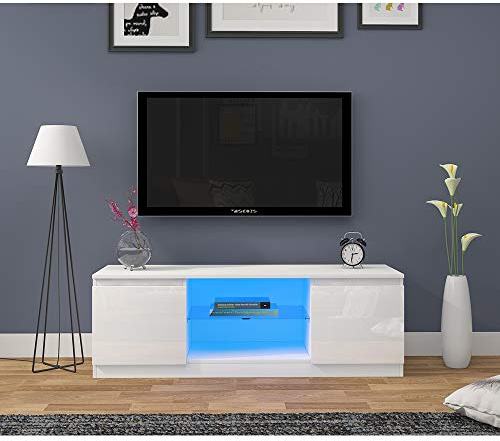 TV Cabinet Unit Stand LED RGB Light Matt body and High Gloss Doors in White - 120x39x40cm