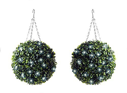 Best Artificial Paire de 28 cm boules de buis topiaire pré-illuminée étanche Blanc Lumineux LED Lumières étanche de la batterie