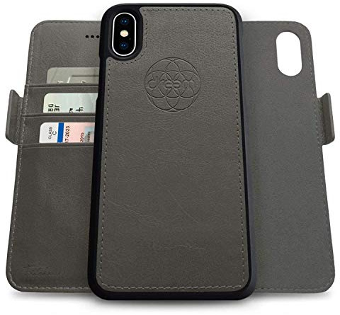 Dreem Fibonacci 2in1 Handyhülle Flipcase für iPhone XS Max | Magnetisches iPhone Case | TPU Etui Lederhülle Schutzhülle, RFID Schutz, Veganes Kunstleder, Geschenkbox | Grau