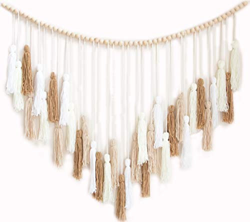 Decocove Makramee-Wandbehang – Großer Makramee-Wandbehang mit Holzperlen – Bohemian-Wanddekoration für Schlafzimmer, Wohnzimmer und Küche – Creme und Beige – 88,9 cm x 91,4 cm