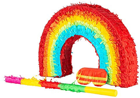 Fax Potato Rainbow Pinata, Rainbow Buster Stick and Blindfold Set (W53 x D9 x H36cm) Fill Your Own Kids Large Party Supplies Themed Birthday Fun Decoration Pinata for Kids Parties & Games