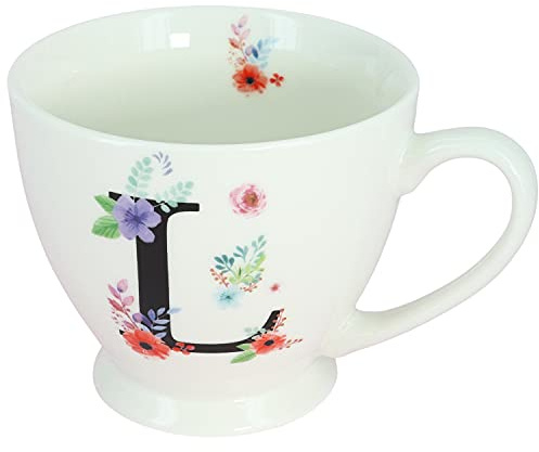 G Decor White Floral, 350ml, Alphabet A-Z Ceramic Tea Coffee XL Cup Mug, Novelty Drinkware for Morning or Evening Drink (L)