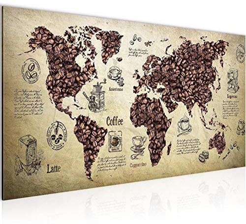 Runa Art Wandbild Küche Kaffee 1 Teilig 100 x 40 cm Modern Bild auf Vlies Leinwand Weltkarte Esszimmer Küchenbilder Beige Braun 037912a