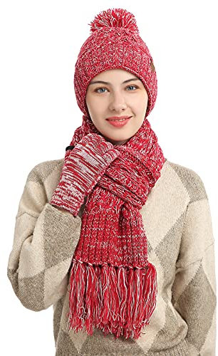 FEOYA Set Mütze Schal Handschuhe Winter Beheizte Anti Kälte Winddicht Motorrad Fahrrad Sport für Damen Herren, 3-Rot, Einheitsgröße