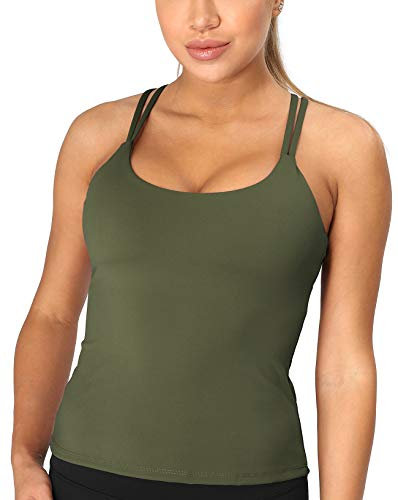 icyzone Damen Sport Top mit Integriertem BH - Longline Gepolsterter Yoga-BH Ohne Bügel, 2 in 1 Gym Fitness Tanktop (M, Dunkelgrün)