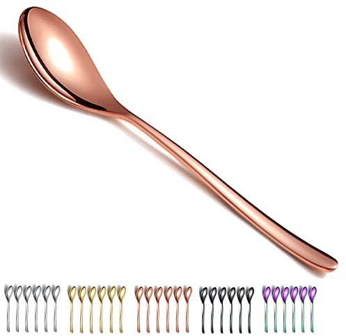 Juego de 6 cucharas de oro rosa Kyraton de acero inoxidable con revestimiento de titanio, cucharas de cena de oro rosa, cucharas de postre resistentes y fáciles de limpiar