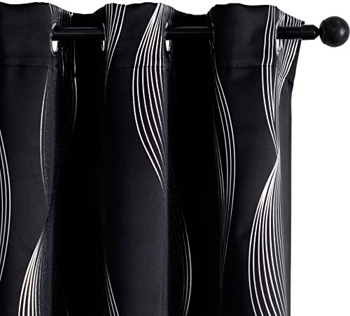 GIRASOLE HOME® Paire de rideaux occultants thermiques doux fantaisie vagues argentées Rideau isolant pour salon, chambre et intérieur, 2 panneaux avec œillets (140 x 235 cm, noir)