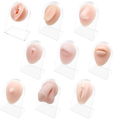 WARRIOR Oreille Langue Oeil Nombril Nez Lèvres Mamelon Génitaux 3D en Silicone avec Présentoir Outil de Pratique de Piercing (ENSEMBLE COMPLET DE 9 PIÈCES)