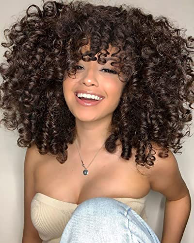 YEESHEDO Dunkelbraun Afro Perücke Braun Brazilian Synthetische Brasilianisches Verworrene Lockige Natürliche Haar für Frauen, Kinky Curly mit Pony kurze Perücken für Schwarze Damen