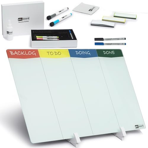 Ensemble de tableau blanc double face Kanban avec support - 45,7 x 27,9 cm - Tableau en verre effaçable à sec - 24 cartes de tâches réutilisables, 6 marqueurs et accessoires - Kit de tableau blanc