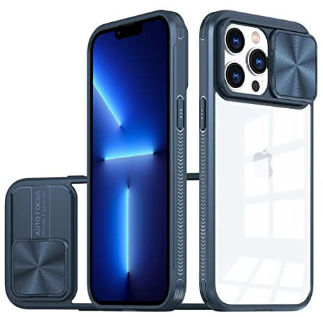 LIUKM Coque Compatible avec iPhone 13 Pro, Cache Camera Protection, Étui avec Cache Caméra Coulissante, composé d'un Dos en PC et d'un Cadre en TPU - Bleu