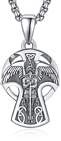 KINGWHYTE St. Michael Halskette 925 Sterling Silber Keltisches Kreuz Halskette St. Michael Erzengel Anhänger Halskette Herren Schutzanhänger mit 22 + 2 Rolo-KetteEusense Erzengel
