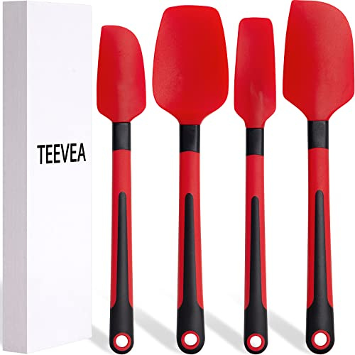 TEEVEA Silicone Spatula,Spatulas Silicone Heat Resistant,Large Non Stick Cookware Silicone Rubber Spatula for Kitchen Cooking,Baking and Mixing Set of 4,Red & Black