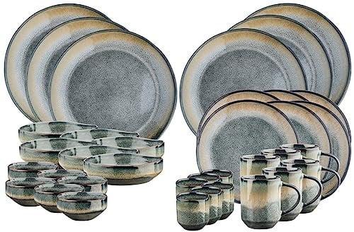 Björn, Genesis, Set vaisselle 36 Pièces, 6 Personnes, grès, Assiettes Plates, Assiettes à Dessert, Petits Bols, Bols Petit-déjeuner, Tasses, Mugs, Dégradé Bleu Gris Kaki, Micro-ondes, Lave-vaisselle