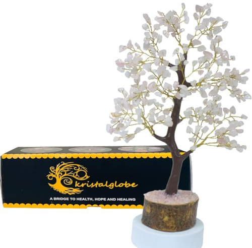 KRISTALGLOBE Rose Quartz Crystal Tree of Life with 300 Beads – Gold Wire Handmade Gemstone Bonsai Tree on Wooden Base – Spiritual Healing Decor & Gifts for Women Home Office Feng Shui