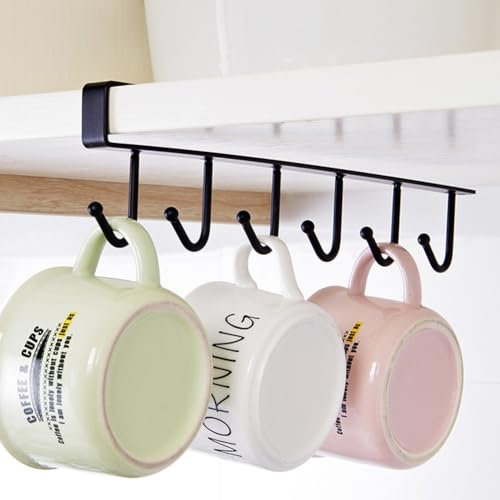 Violotoris Lot de 2 Tasse Rangement Crochets, Noire Cintres sous-Armoire avec 12 Crochets, pour Ranger Chapeaux, Sacs, Contenir Verres, Louches, Torchons
