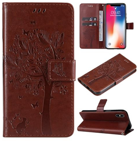 VEEMOS Handyhülle für Apple iPhone X/iPhone XS Hülle Klappbar Katze-Baum mit Kartenfach Klapphülle Schutzhülle Handy Tasche Leder Book Flip Case Cover Handytasche Damen - Braun