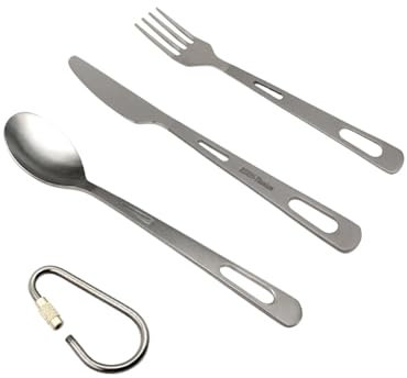 RISON-Titanium Couverts de Camping en Titane avec Fourchette, Cuillère, Couteau Combiné, Couverts de Voyage avec Mousqueton Sac de Rangement, Vaiselles Extérieures pour Randonnée Pique-Nique