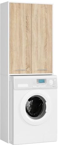 AKORD | Columna de Pared para empotrar Lavadora | Mueble Alto con 2 Puertas | Mueble contenedor de baño | CajoNero para Lavadora | 64x180x30 cm | Peso 30 kg | Blanco/Roble Sonoma