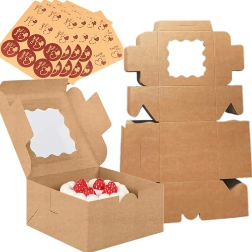 50 Piezas Caja de Papel Kraft Marrón para Pastelería, 10,2 cmx 10,2 cm x 6,7 cm, Caja Carton con Ventana Transparente Cajas de Cupcakes Cajas para Galletas, Magdalenas, Postres, Pasteles