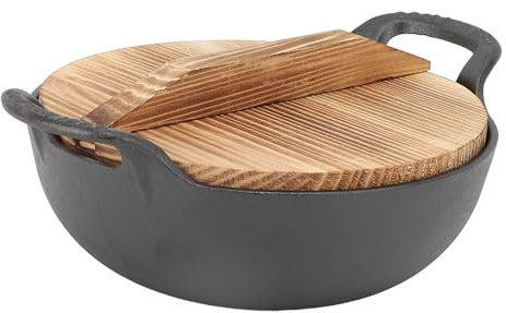 Wok de Hierro Fundido, Sartén con tapa de madera y 2 asas, Sartén China Base Plana, Sartén Wok de Acero al Carbono sin Recubrimiento para Stir Fry Grill Negra (25CM)