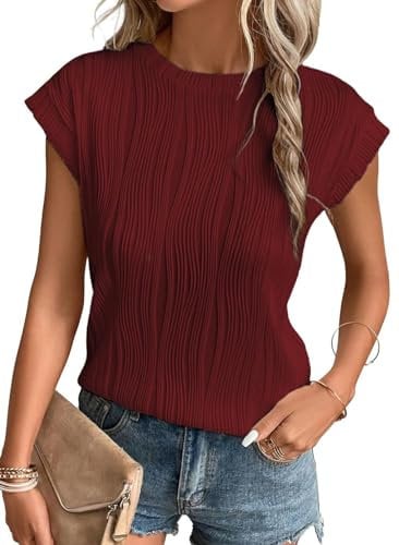 Gemulate Slimming Spring Tops Casual Short Sleeve Basic tee Shirts for Women Knit Solid Ladies Summer Denim Tunic Top Wine XXL