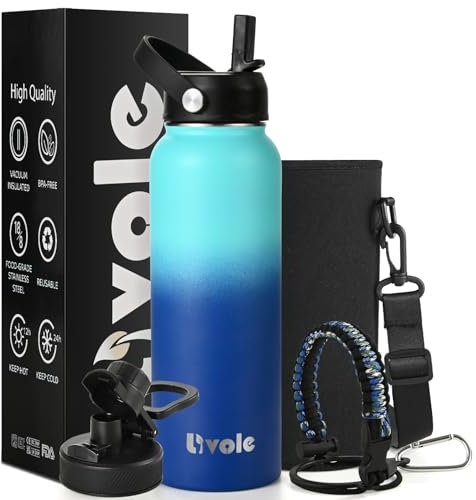 Livole Bouteilles d'eau en acier inoxydable de 1180 ml avec paille et pochette de transport, bouteille d'eau en métal isotherme pour boissons chaudes et froides, voyages, sports, gym, ciel et océan