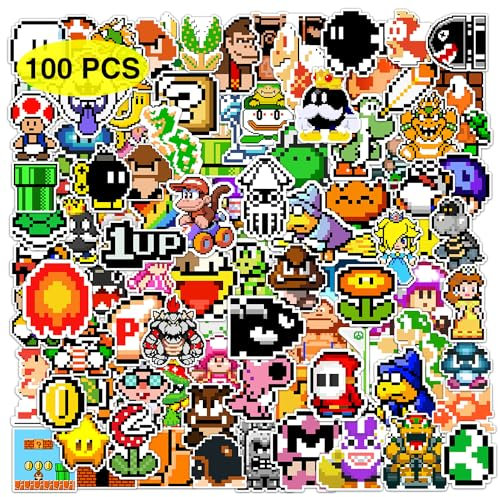 GTOTd Pixel Cartoon Stickers (100Pcs) Cute Cartoon Gifts Merch Party Supplies Vinyl Water Bottle Luggage Guitar Skateboard Aesthetic Stickers for Teens