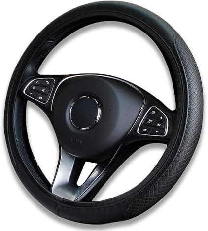 LAWALEISHE Black Premium PU Leather Steering Wheel Cover - 3D Embossed, Non-Slip & Breathable, Universal Fit for 15 inch/38cm Wheels, Soft Grip for All-Season Comfort