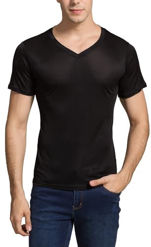 MOONSIYU Mens Soft Silk T-Shirts Short Sleeve Pure Silk Dress Tee Shirts Breathable V-Neck Undershirt Top(V-Black,L)