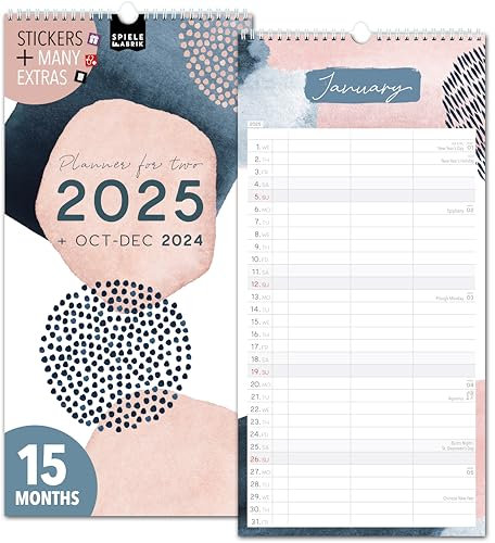 Couple planner 2025 3 columns PASTEL planner for two 2025 and Oct-Dec 2024, partner calendar 16x32,5cm, calendar for couples 2025, 2 persons simple, minimalistic, design