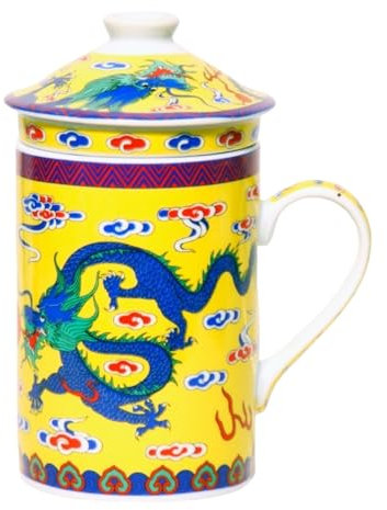 GMMH Ceramic Tea Cup with Lid and Strainer for Loose Tea, Porcelain Mug with Chinese Motif, Gift Tea Set (Blue Dragon)